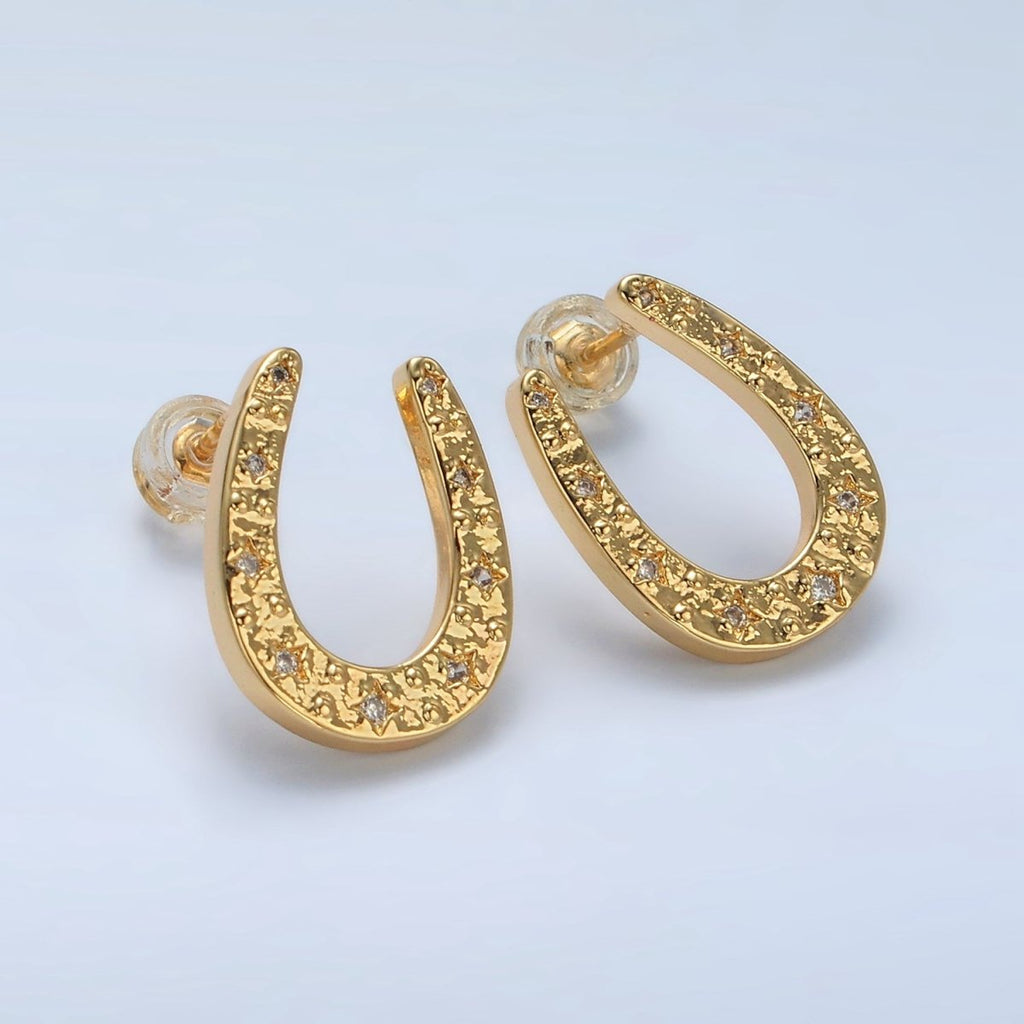 ALI -24K  Horse Shoe Charm CZ Stud Earrings Q-102