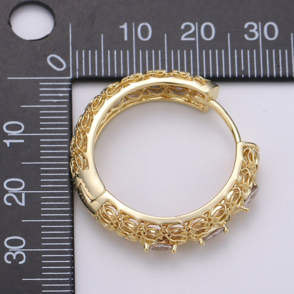 24k Vermeil Bold Earrings, Chunky Hoop Earring, Statement Earrings, Fancy CZ Earrings, Everyday Wear Earrings 30mm Earring Q-285 - DLUXCA