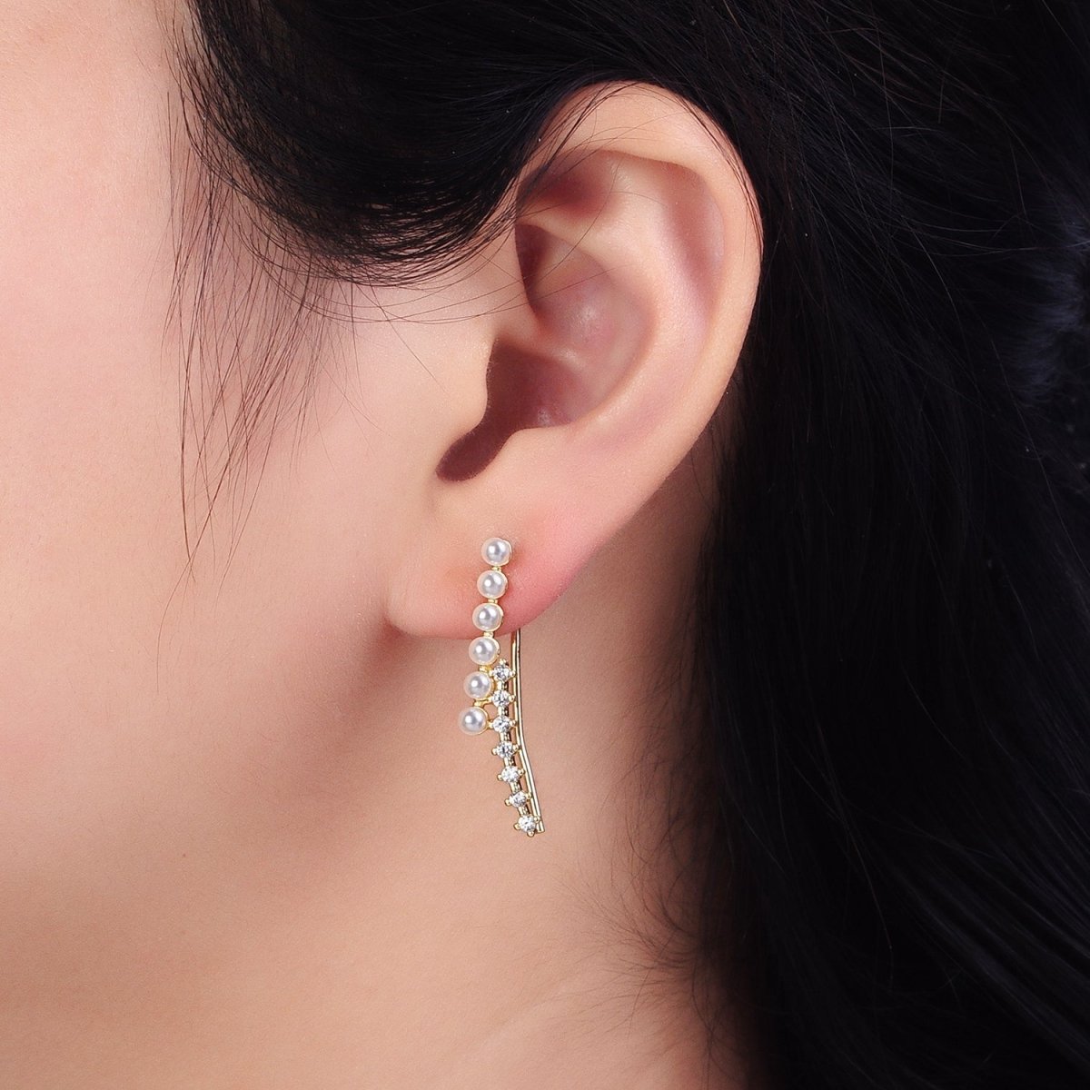24KGold plated Round White Pearl Clear CZ Curved Lined Earring Climber | AB384 - DLUXCA