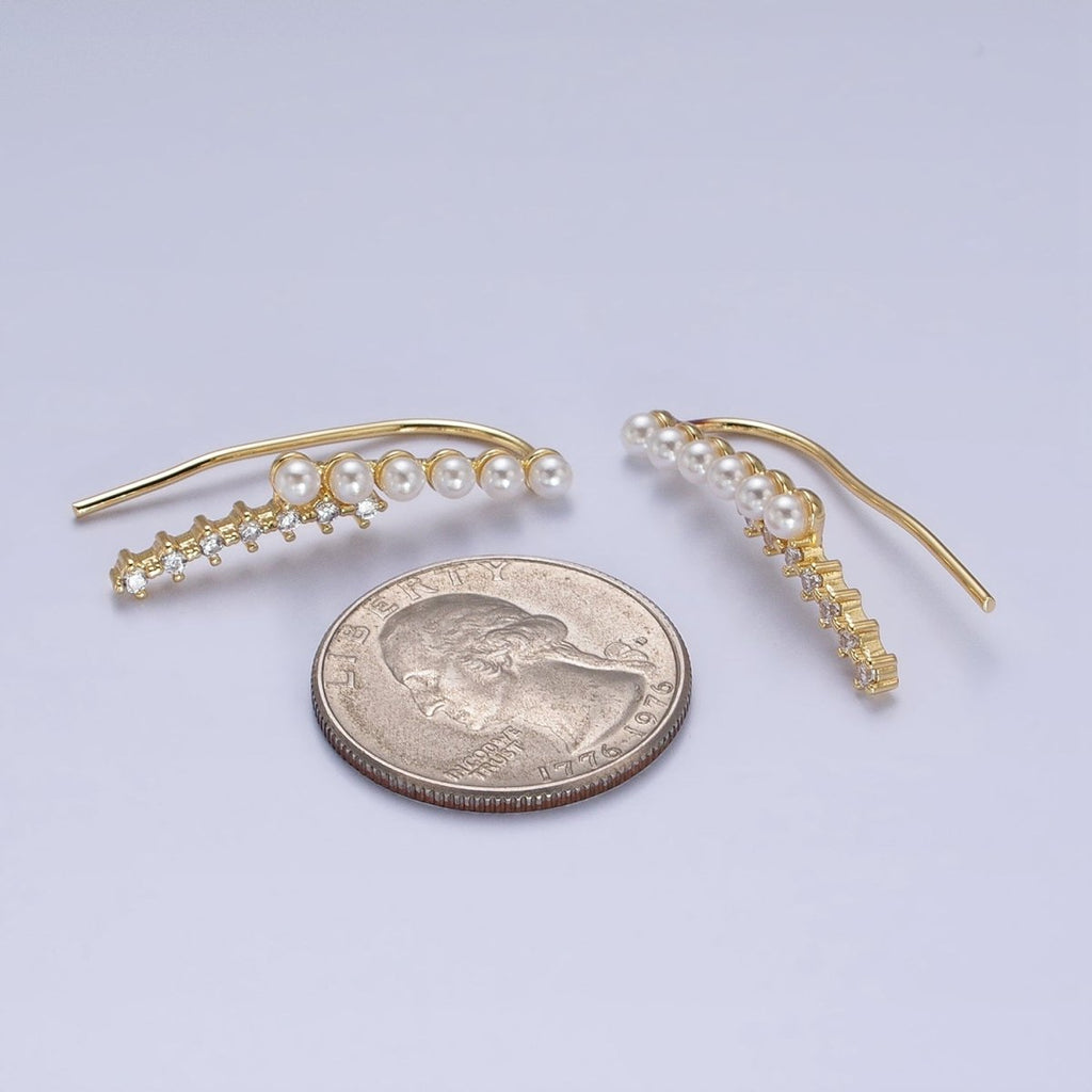 24KGold plated Round White Pearl Clear CZ Curved Lined Earring Climber | AB384 - DLUXCA