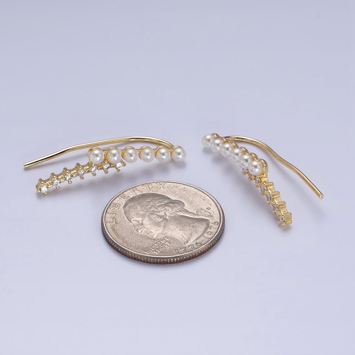 24KGold plated Round White Pearl Clear CZ Curved Lined Earring Climber | AB384 - DLUXCA