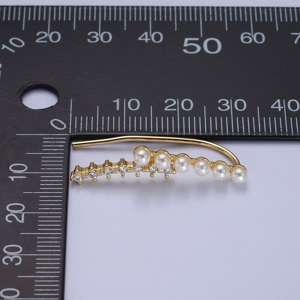 24KGold plated Round White Pearl Clear CZ Curved Lined Earring Climber | AB384 - DLUXCA