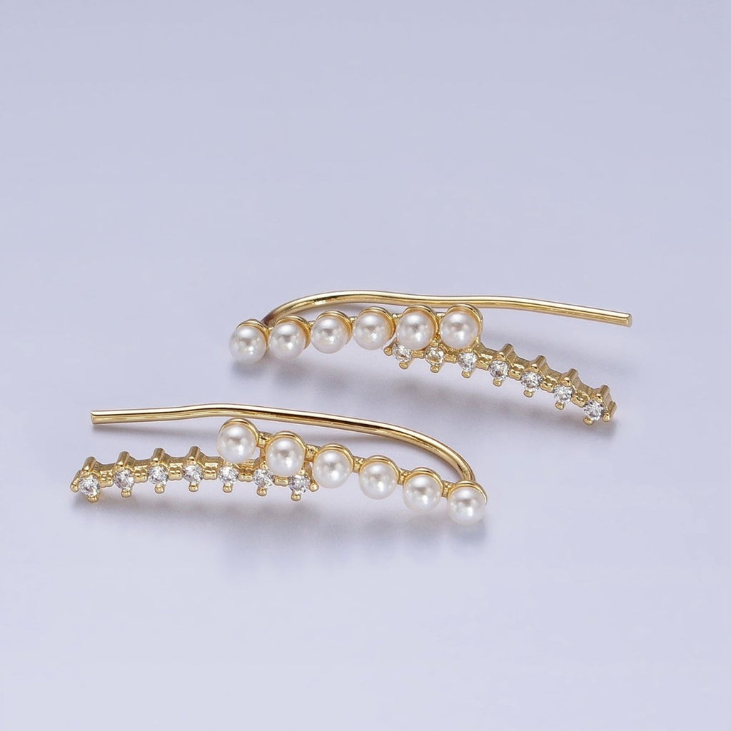 24KGold plated Round White Pearl Clear CZ Curved Lined Earring Climber | AB384 - DLUXCA