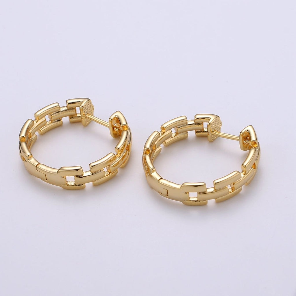 25mm Large Gold Link Hoops, 24k Gold plated Hoop Earrings, Chunky Hoop Earrings, Big Hoop Earrings, Bold Chain Hoops for everyday wear Q-351 - DLUXCA