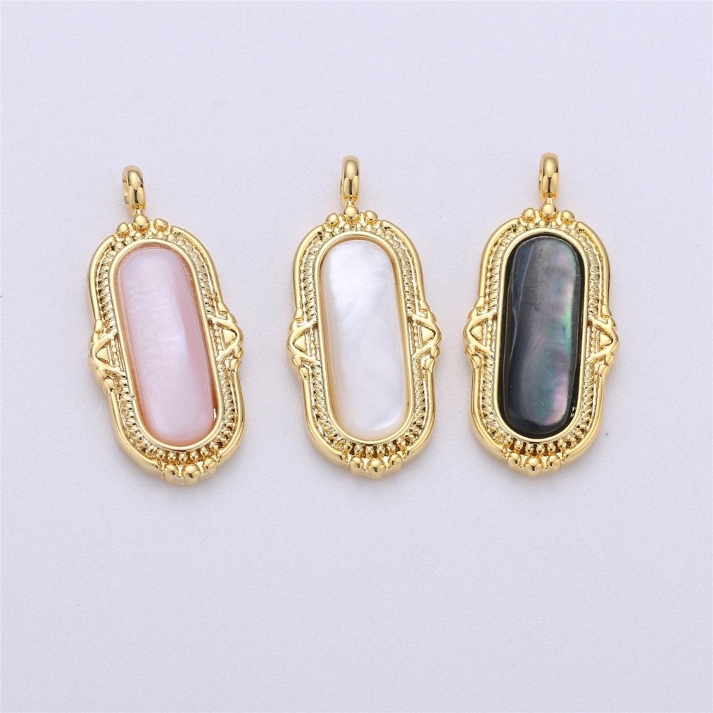 25x12mm Oval Charm, mother of pearl in 24k Gold plated for Necklace Earring Component Pink White Black Pearl Charm, D-805, D-806 - DLUXCA