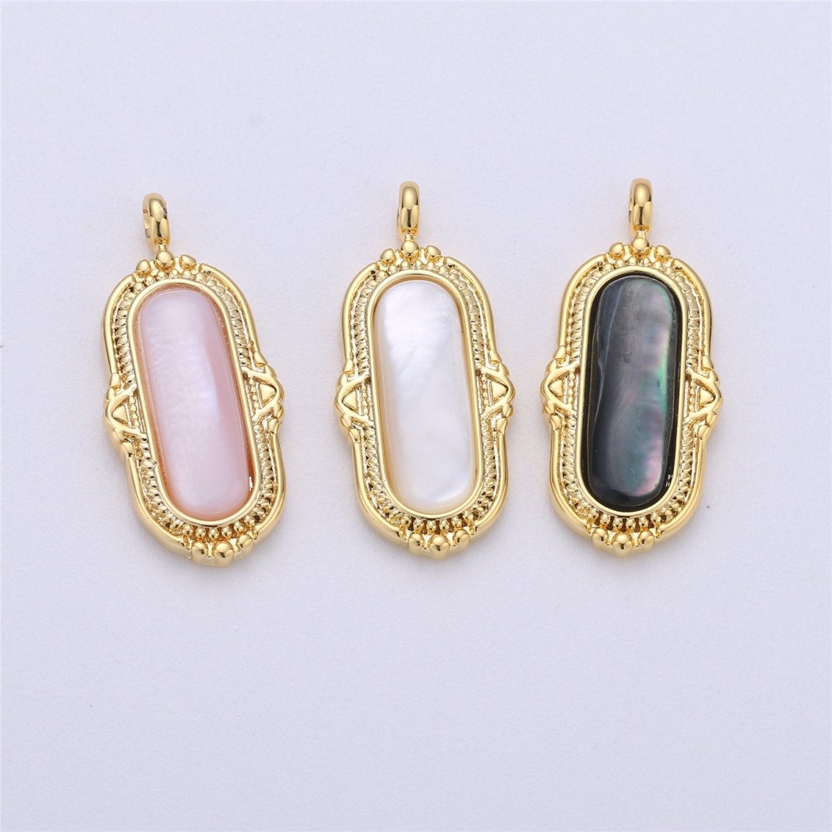 25x12mm Oval Charm, mother of pearl in 24k Gold plated for Necklace Earring Component Pink White Black Pearl Charm, D-805, D-806 - DLUXCA
