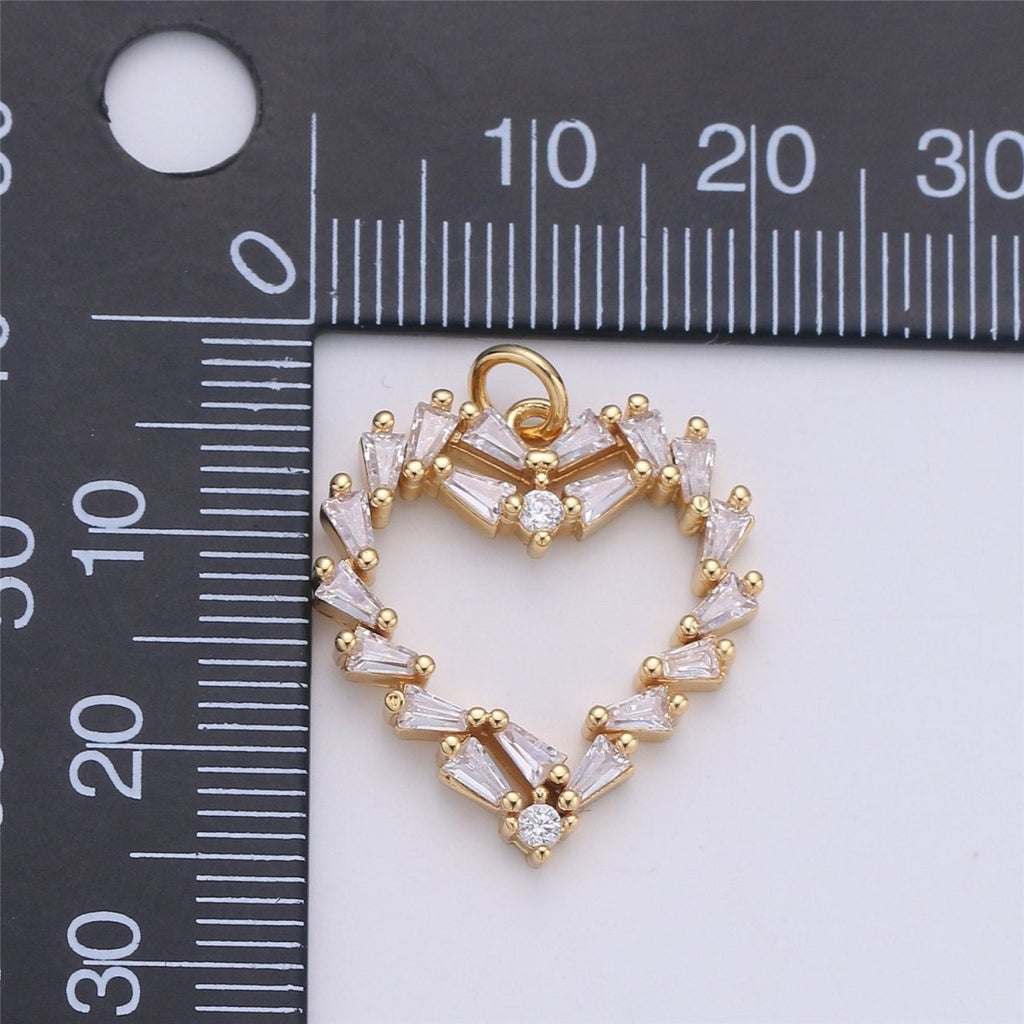 25x22mm 24k Gold plated Heart Bracelet Charm, Baguette Stone Bracelet Charm, Love Charm, Pave Heart, CZ Necklace charm C-902 - DLUXCA