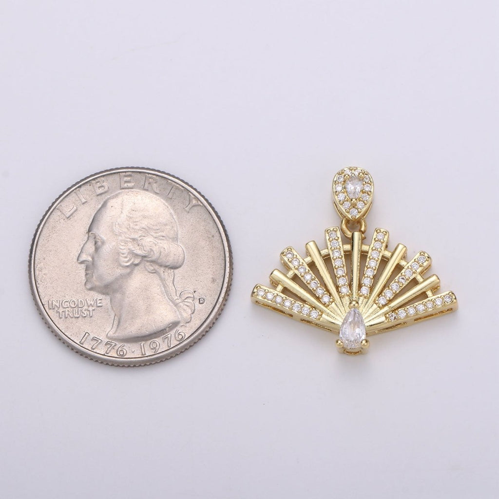25x23mm Wholesale Gold-plated Fan Pendant Charm with Rhinestones, Pendant for Necklace Bracelet Anklet Making J-147 - DLUXCA