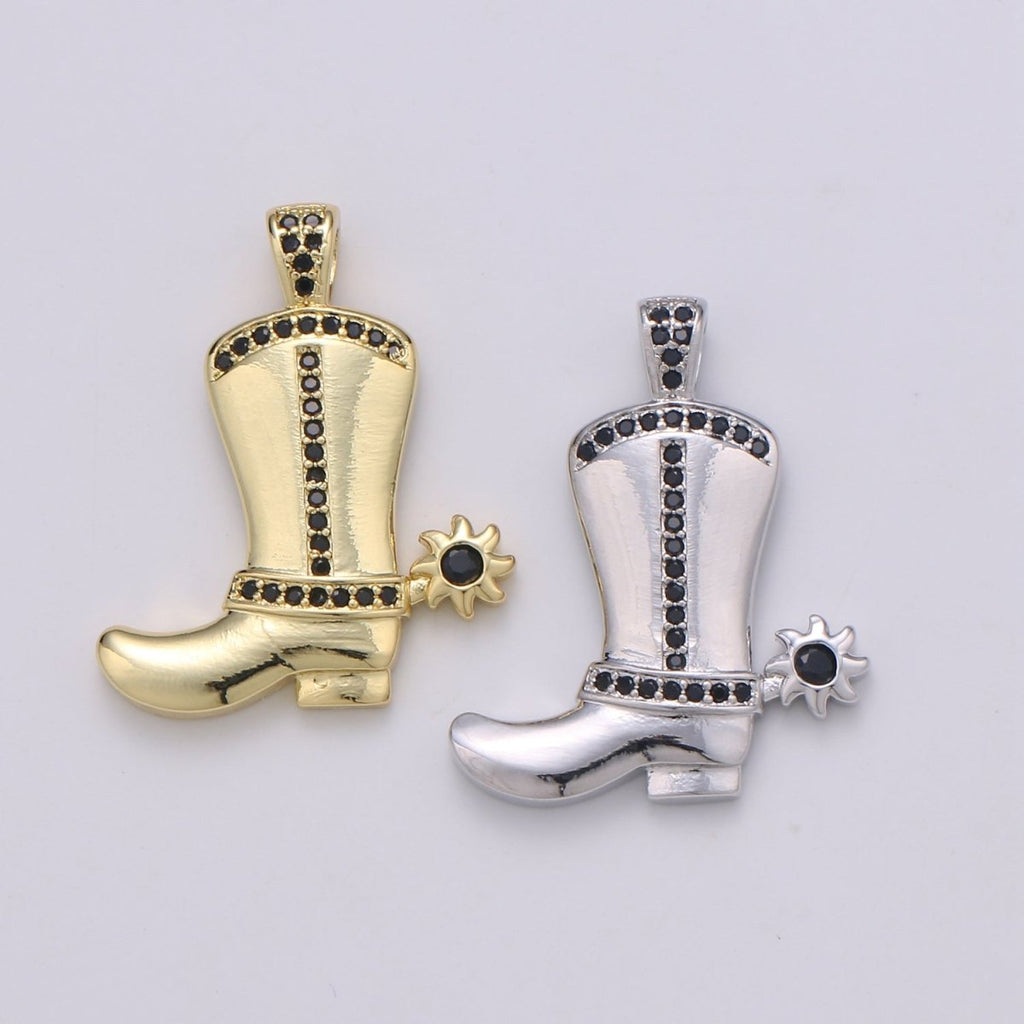 28x23mm Wholesale Gold-plated Gold or Silver Cowboy Boot Pendant Charm with Black Rhinestones, Pendant for Necklace Bracelet Anklet Making J-154 J-155