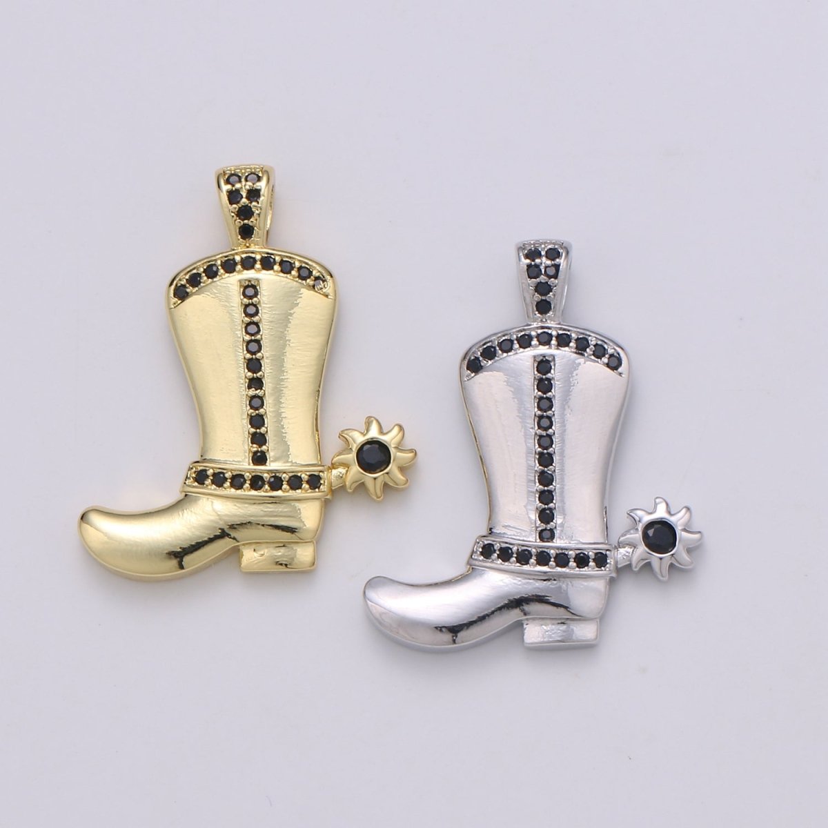 28x23mm Wholesale Gold-plated Gold or Silver Cowboy Boot Pendant Charm with Black Rhinestones, Pendant for Necklace Bracelet Anklet Making J-154 J-155