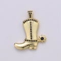 28x23mm Wholesale Gold-plated Gold or Silver Cowboy Boot Pendant Charm with Black Rhinestones, Pendant for Necklace Bracelet Anklet Making J-154 J-155