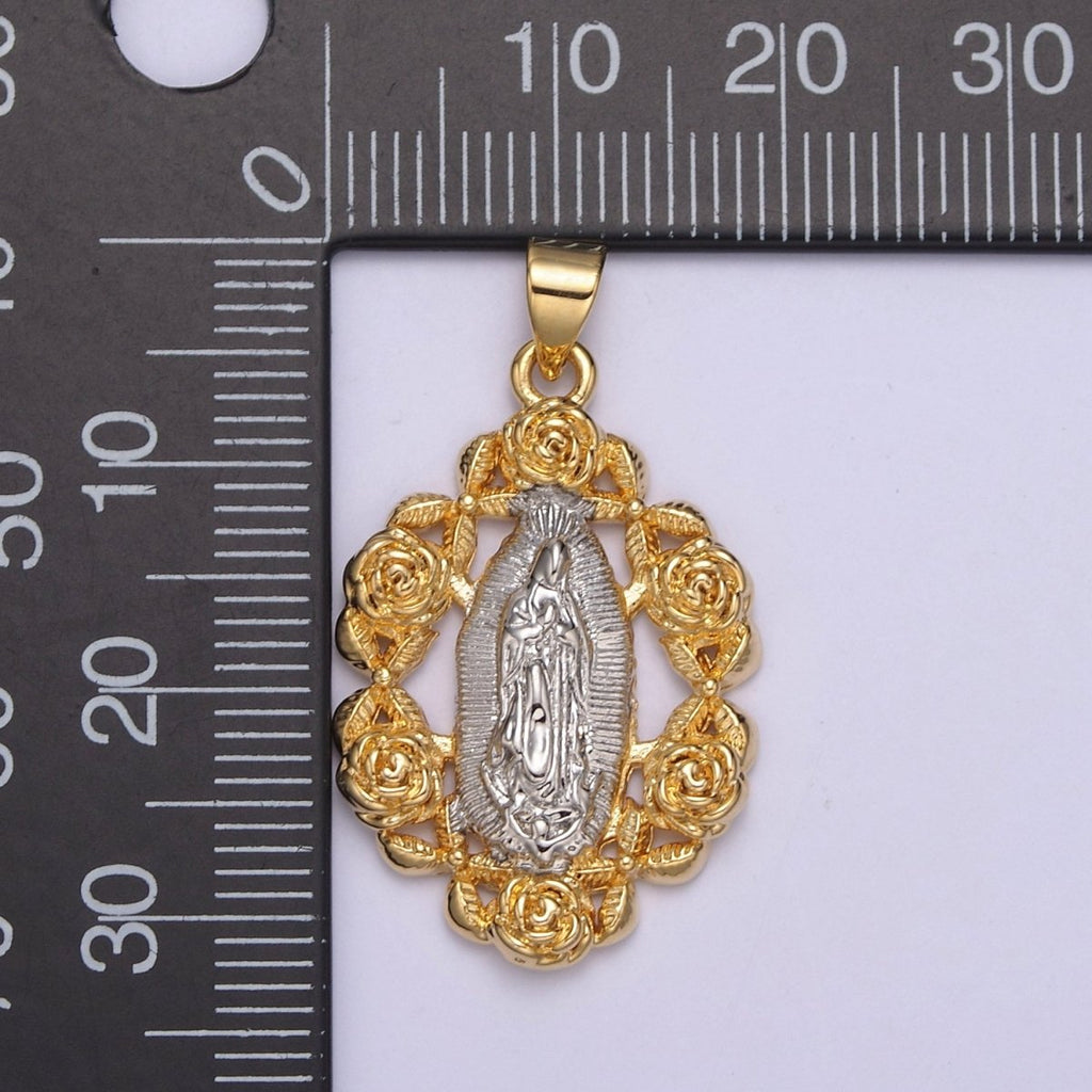 2Tone Gold Virgin Mary Our Lady Of Guadalupe Divine Mercy Rose Flower Medallion Pendant for Necklace Making Supply H-822 - DLUXCA