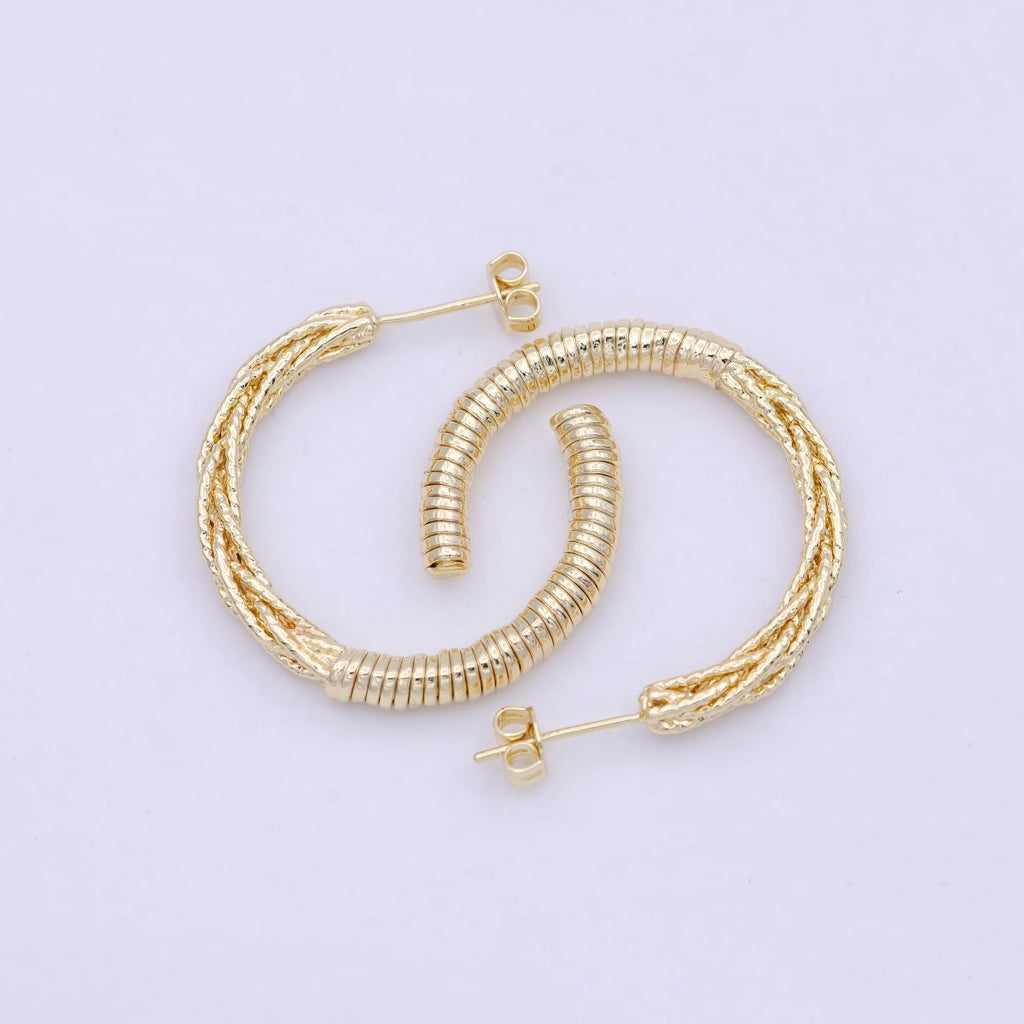 30mm Geometric Half Twisted Beaded Textured C-Shaped Hoop Earrings | Q-421 - DLUXCA