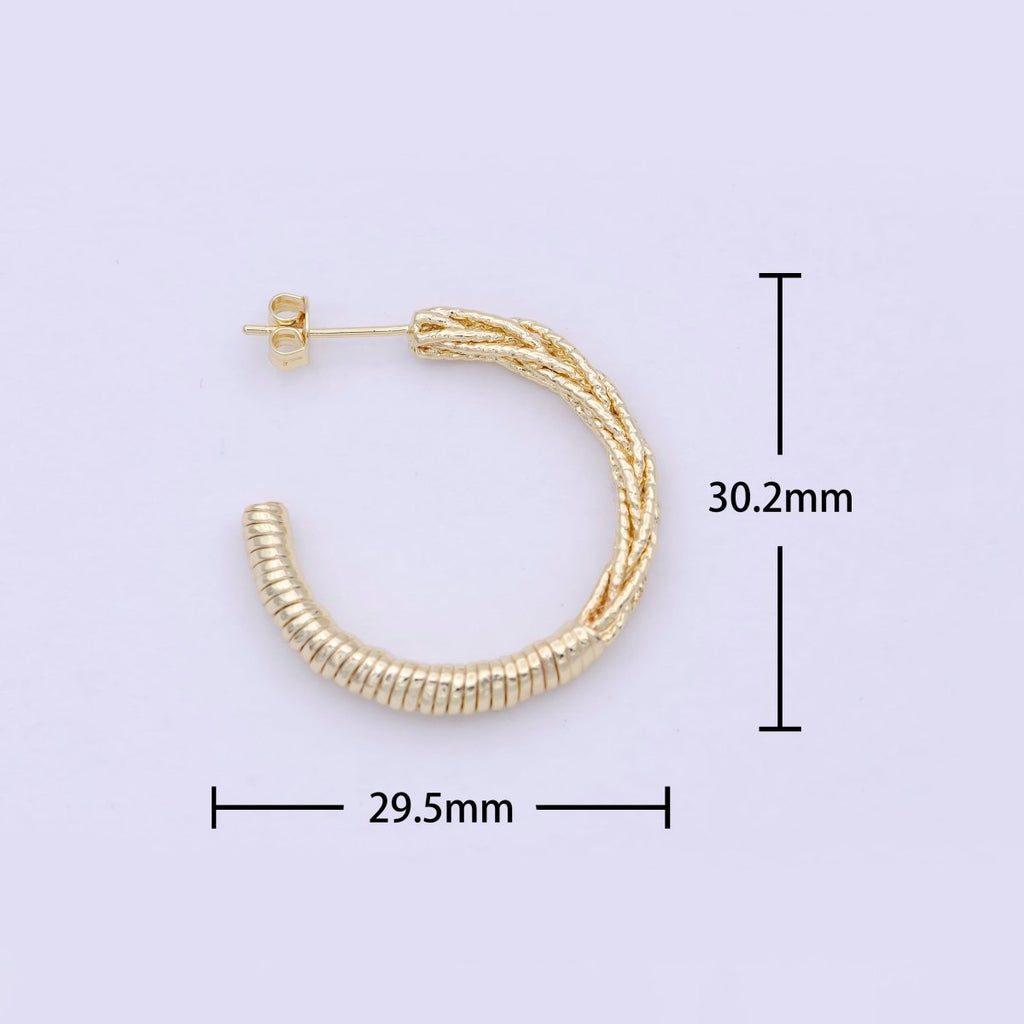 30mm Geometric Half Twisted Beaded Textured C-Shaped Hoop Earrings | Q-421 - DLUXCA