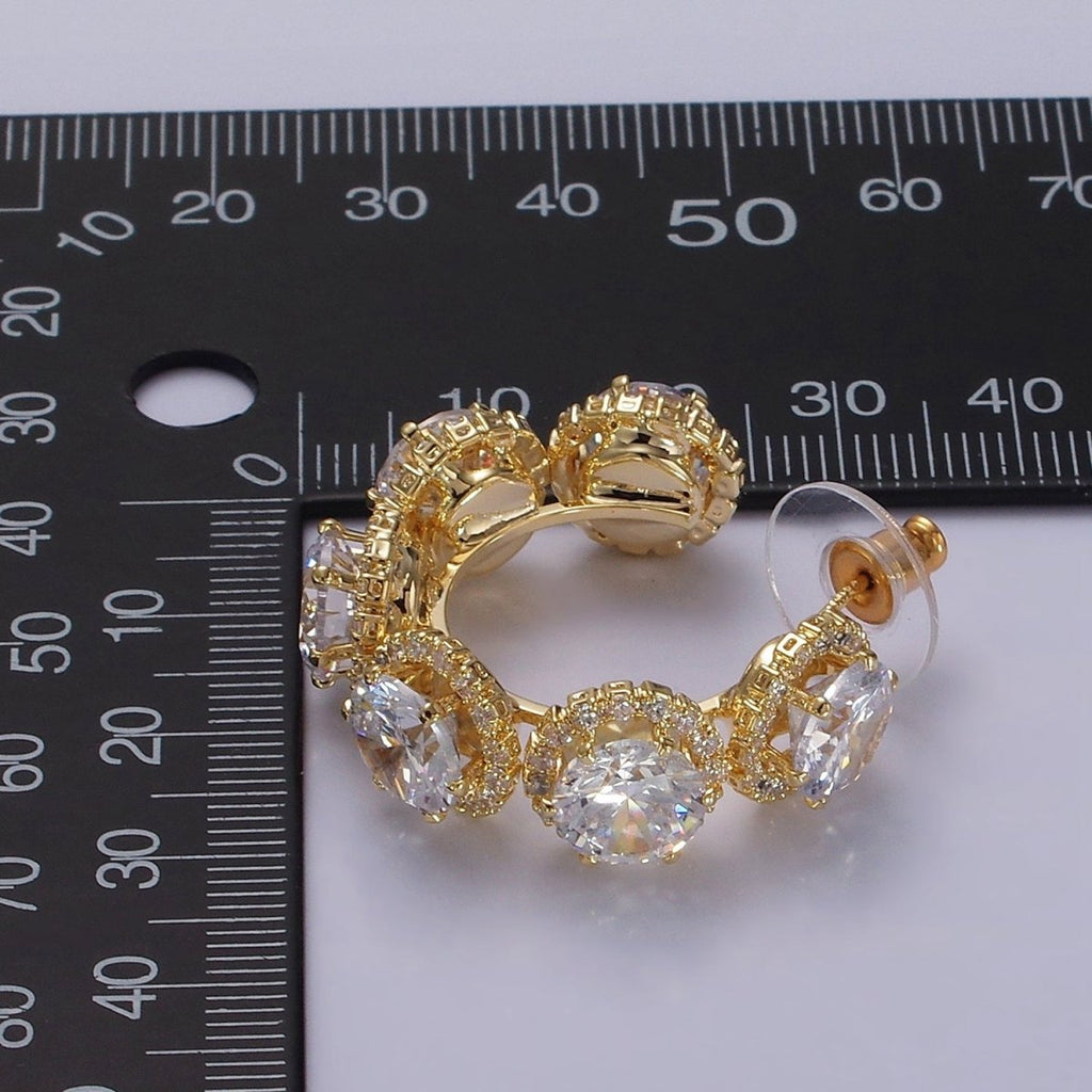 35mm Clear Round Micro Paved CZ C-Shaped Hoop Earrings in Gold & Silver | AE277 AE278