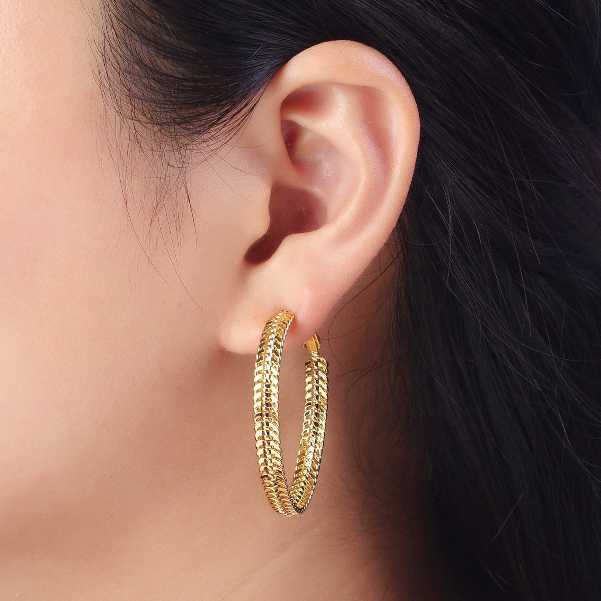 38mm Curb Snake Chain Hoops Stud Latch Statement  Gold, Silver Earrings | AD-201 AD-202