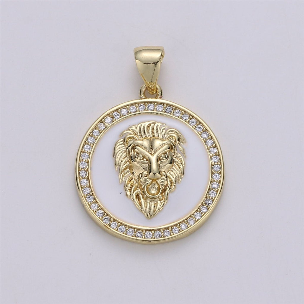 3D Micro Pave Charm Gold plated Medallion, Lion Medallion, Lion Pendant, Lion Jewelry, Lion Necklace Charm for Statement Necklace Component I-583 - DLUXCA