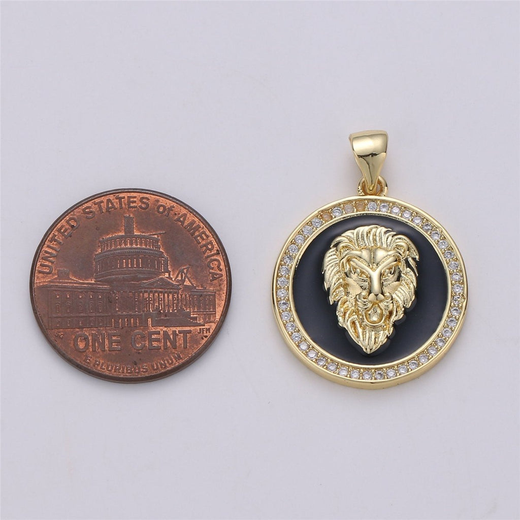 3D Micro Pave Charm Gold plated Medallion, Lion Medallion, Lion Pendant, Lion Jewelry, Lion Necklace Charm for Statement Necklace Component I-583 - DLUXCA