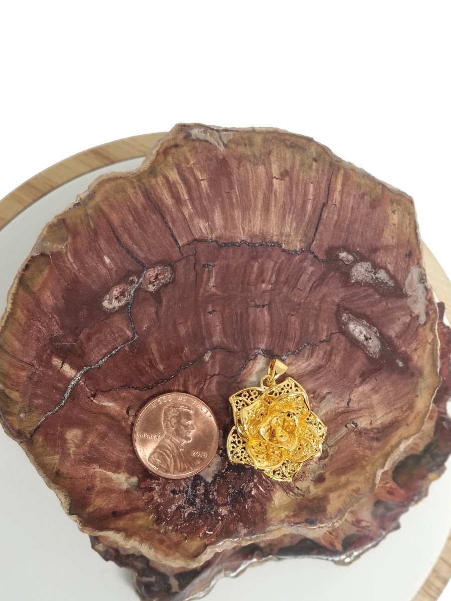 3D Rose Charm Flower Pendant in 24k Gold plated Jewelry Supplies Filigree Rose Pendant H-838 - DLUXCA