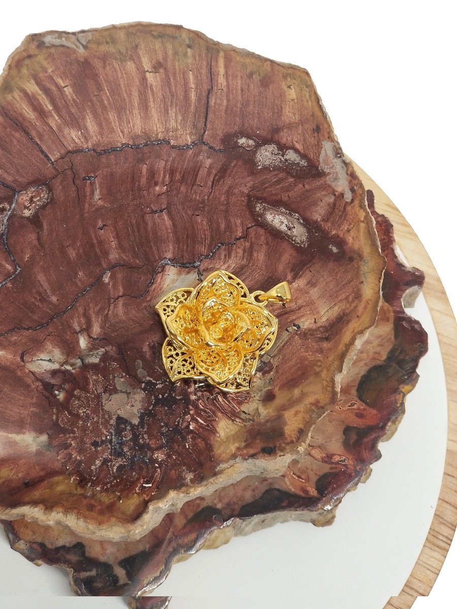 3D Rose Charm Flower Pendant in 24k Gold plated Jewelry Supplies Filigree Rose Pendant H-838 - DLUXCA