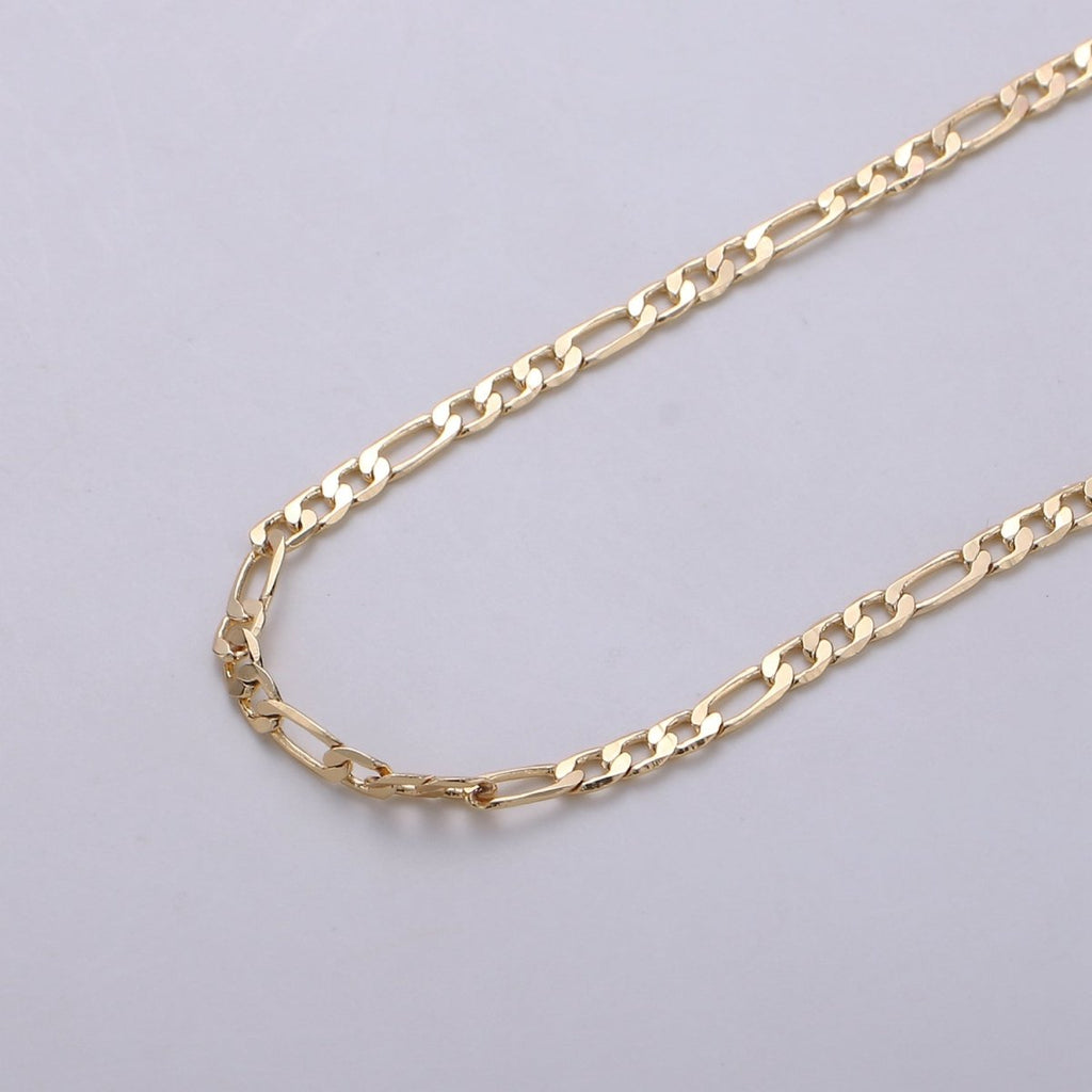 3mm 16K Gold plated Figaro Chain, Flat Curb Chain Jewelry Sold By The Yard For Necklace Bracelet Anklet Supply | ROLL-274 Clearance Pricing - DLUXCA