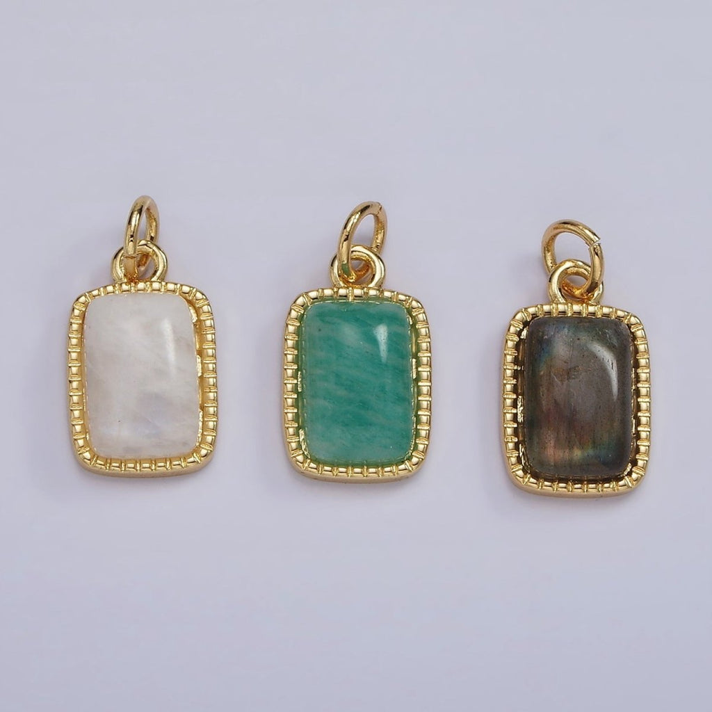 4K Gold plated Amazonite, Moonstone, Labradorite Dotted Bezel Rectangular Charm | AG-537 - AG-539