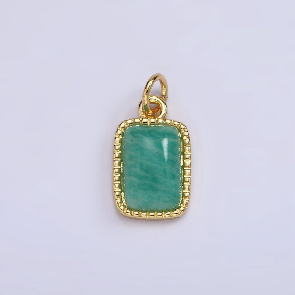 4K Gold plated Amazonite, Moonstone, Labradorite Dotted Bezel Rectangular Charm | AG-537 - AG-539