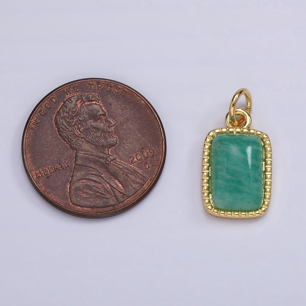 4K Gold plated Amazonite, Moonstone, Labradorite Dotted Bezel Rectangular Charm | AG-537 - AG-539