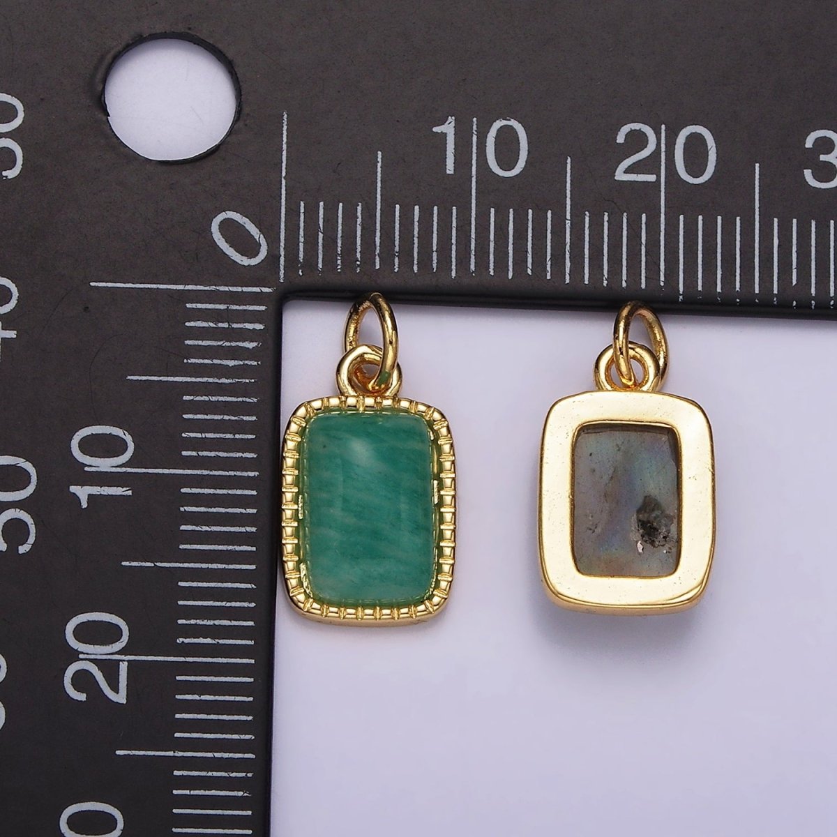4K Gold plated Amazonite, Moonstone, Labradorite Dotted Bezel Rectangular Charm | AG-537 - AG-539