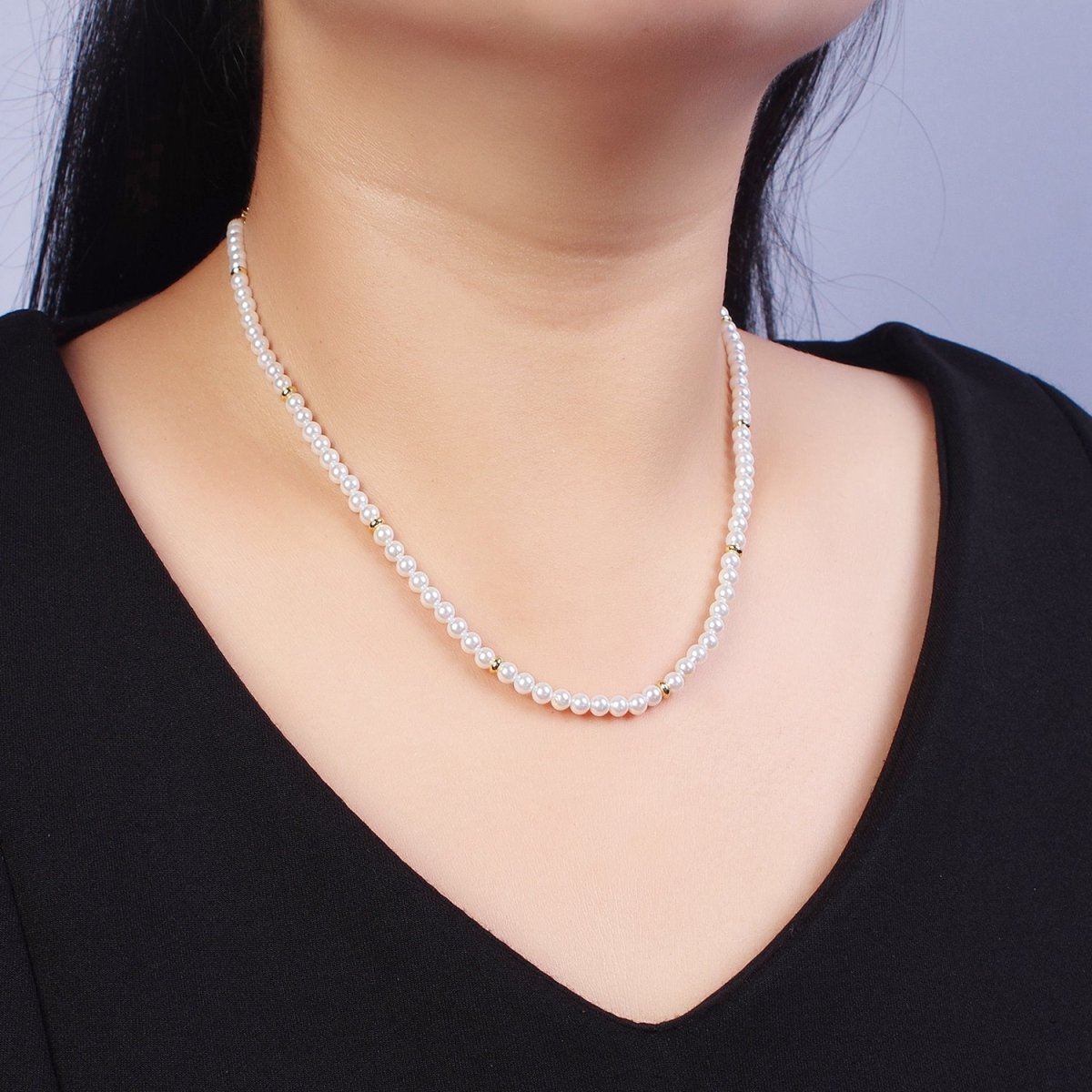 5mm, 6mm White Round Shell Pearl Gold Beaded 15.5 Choker Necklace | WA-1303 WA-1304 W-1420 Clearance Pricing