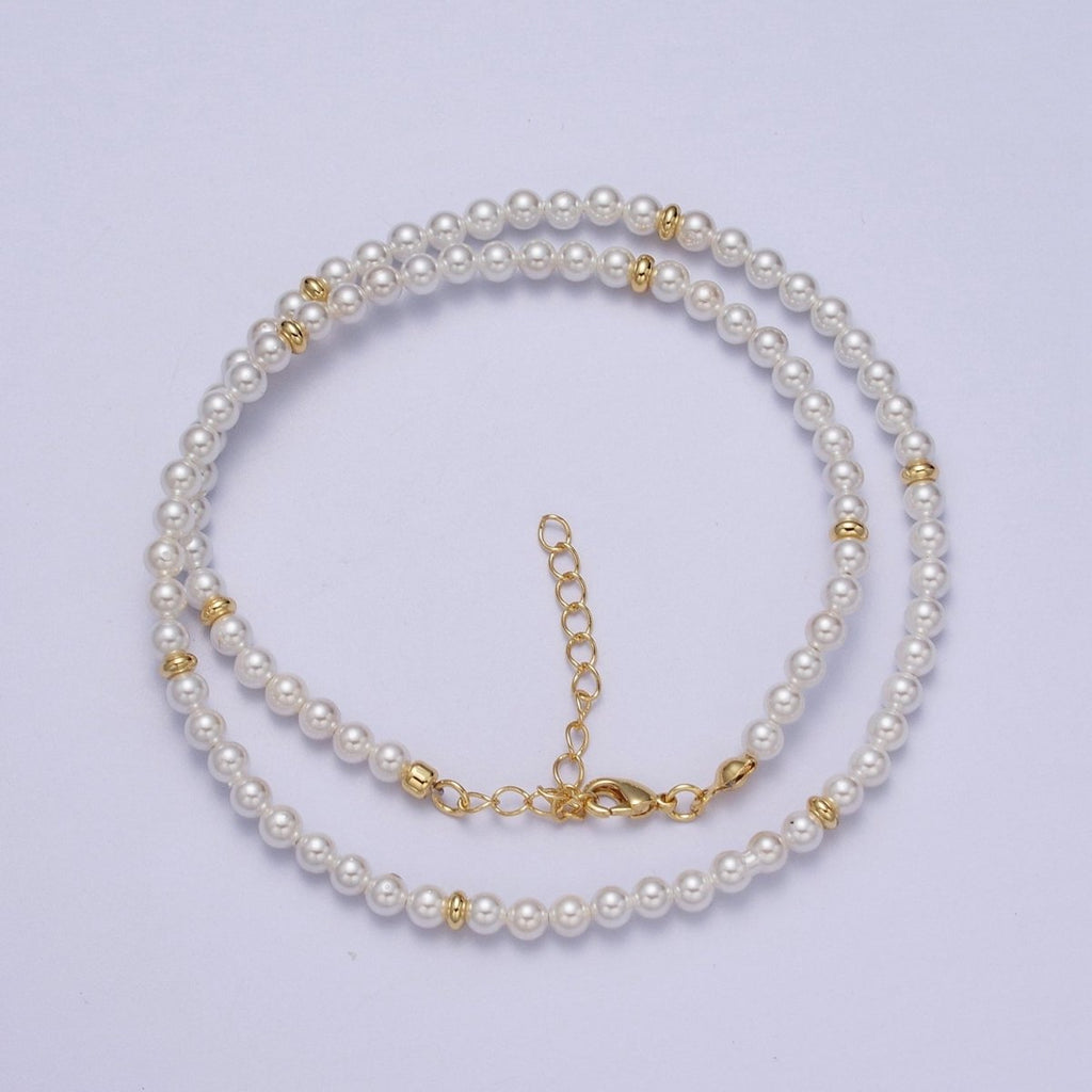 5mm, 6mm White Round Shell Pearl Gold Beaded 15.5 Choker Necklace | WA-1303 WA-1304 W-1420 Clearance Pricing
