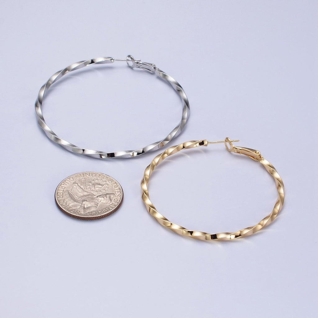 60mm, 50mm Gold plated Twist Geometric Hoop Hinge Latch Earrings in Gold & Silver | AB-499 - AB-502 - DLUXCA