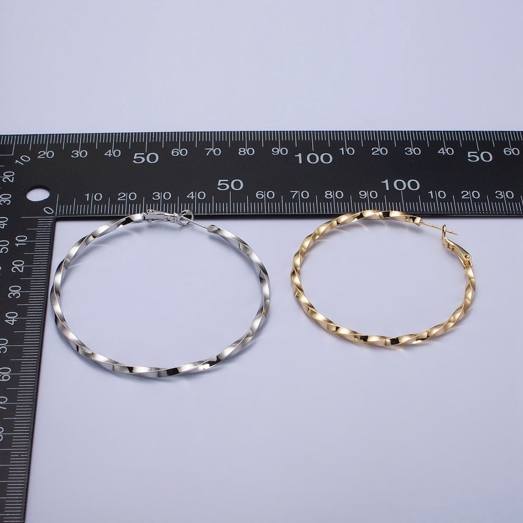 60mm, 50mm Gold plated Twist Geometric Hoop Hinge Latch Earrings in Gold & Silver | AB-499 - AB-502 - DLUXCA