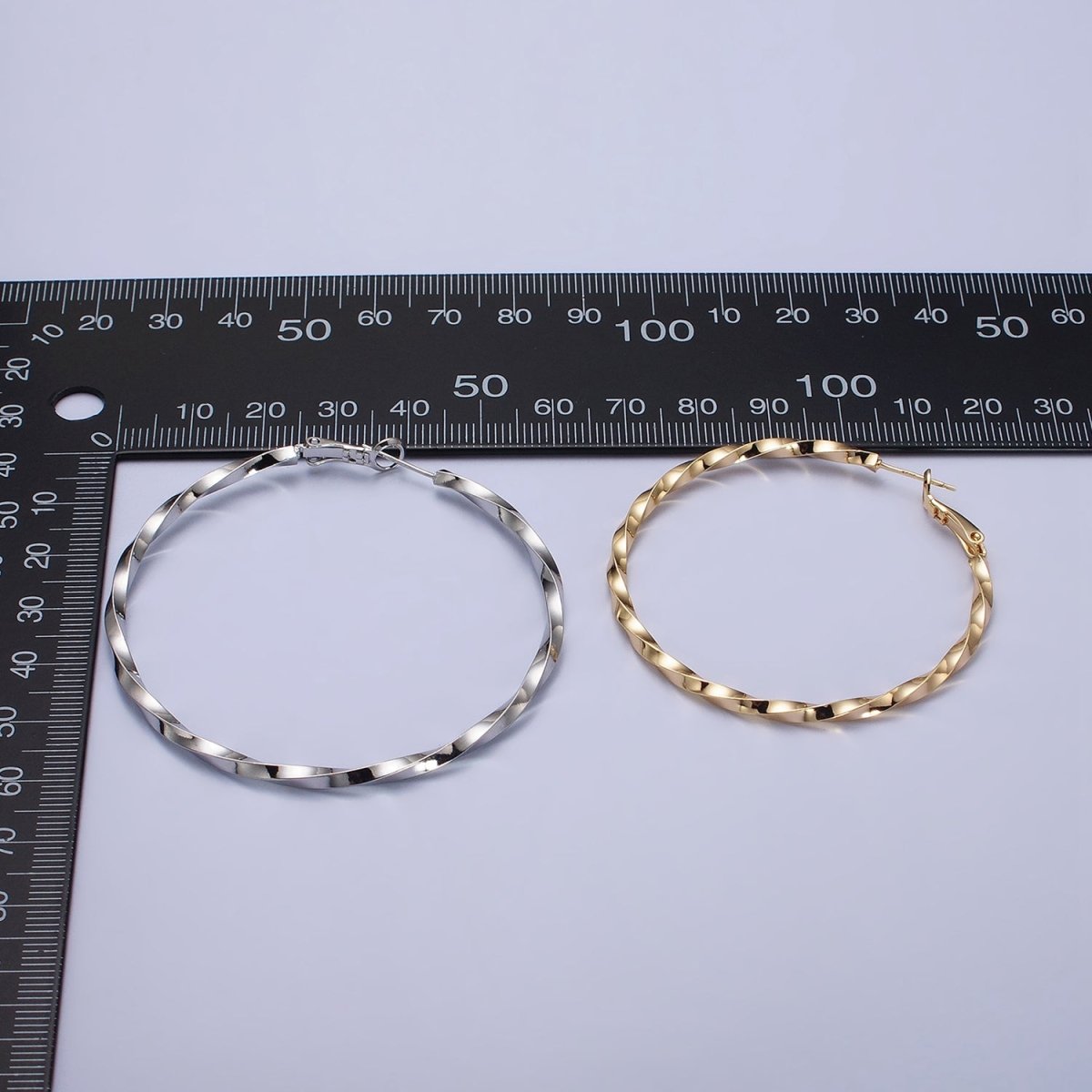 60mm, 50mm Gold plated Twist Geometric Hoop Hinge Latch Earrings in Gold & Silver | AB-499 - AB-502 - DLUXCA