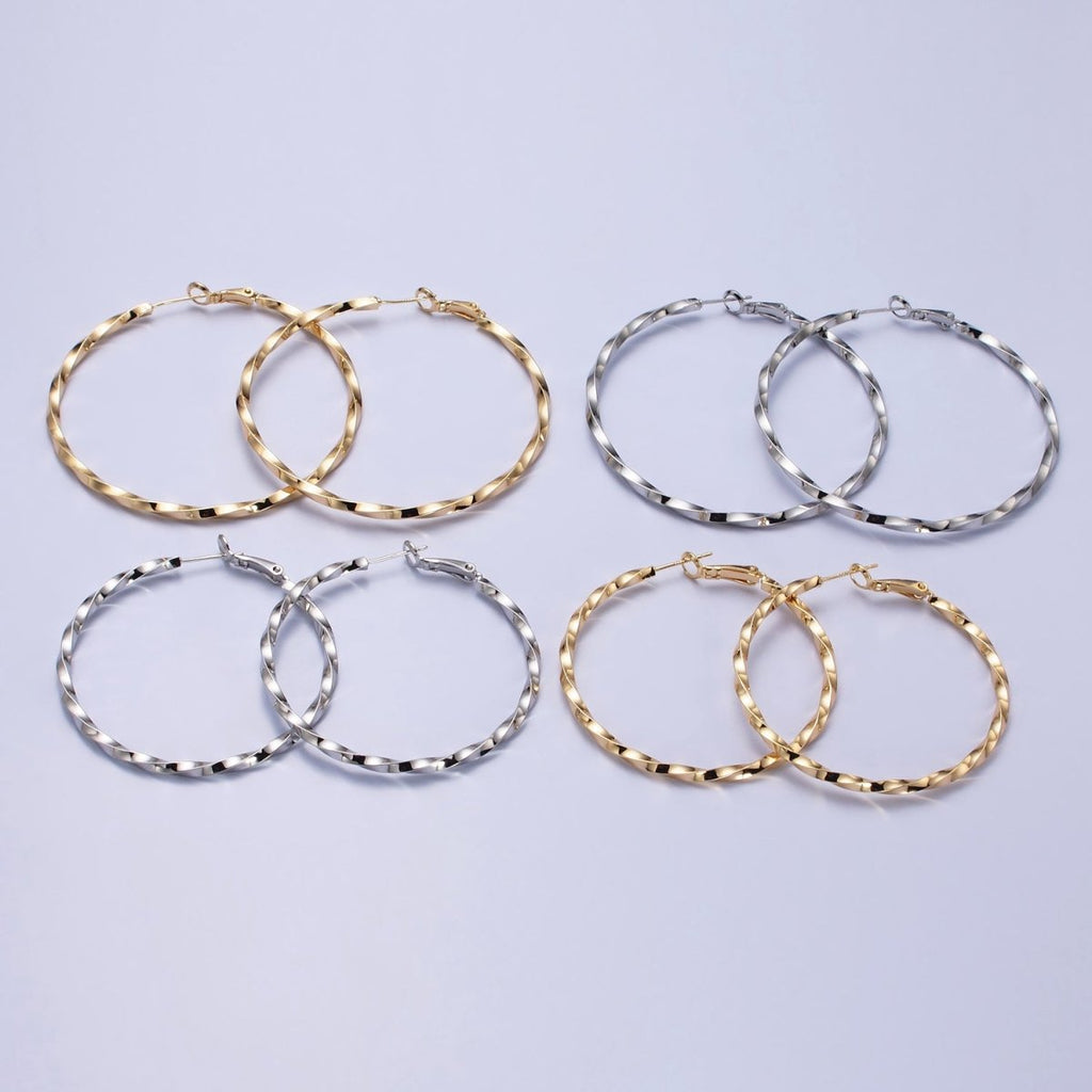 60mm, 50mm Gold plated Twist Geometric Hoop Hinge Latch Earrings in Gold & Silver | AB-499 - AB-502 - DLUXCA