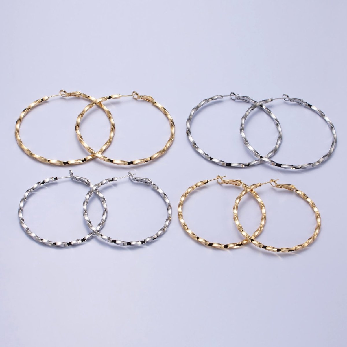 60mm, 50mm Gold plated Twist Geometric Hoop Hinge Latch Earrings in Gold & Silver | AB-499 - AB-502 - DLUXCA