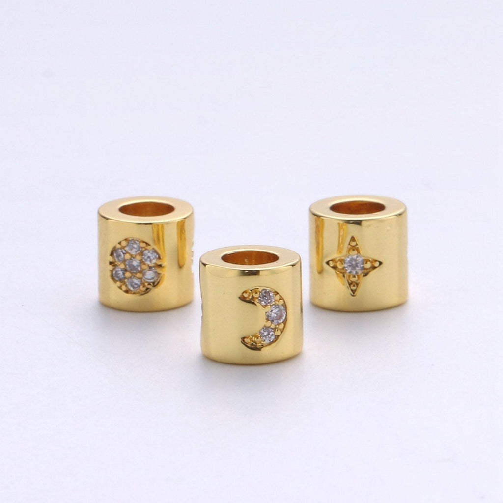 6mm Bead CZ Gold plated Beads Celestial Beads Moon Sun Star Beads Micro Pave cylinder BeadsCharm for Bracelet Necklace Supply 4mm Hole B-270 B-271 B-272 - DLUXCA