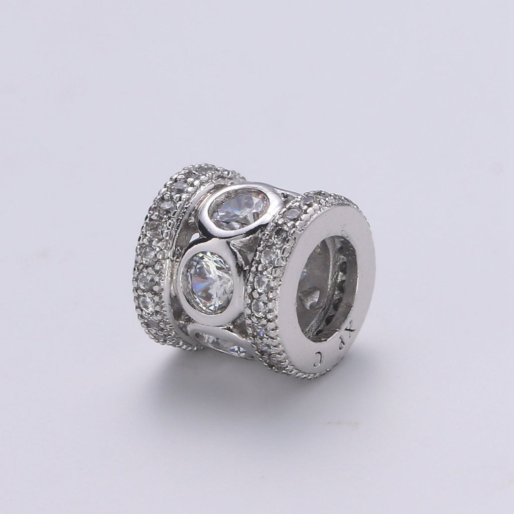 8mm White Gold plated Micro Pave Spacer Beads Drum Tube Gold Beads with CZ Paved, 4mm Large Hole Gold Spacers for Bracelet Making - DLUXCA