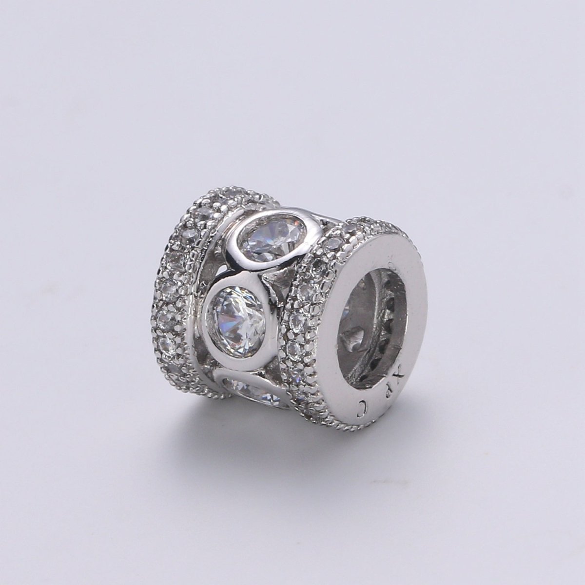 8mm White Gold plated Micro Pave Spacer Beads Drum Tube Gold Beads with CZ Paved, 4mm Large Hole Gold Spacers for Bracelet Making - DLUXCA