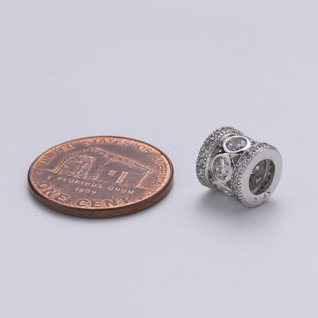 8mm White Gold plated Micro Pave Spacer Beads Drum Tube Gold Beads with CZ Paved, 4mm Large Hole Gold Spacers for Bracelet Making - DLUXCA
