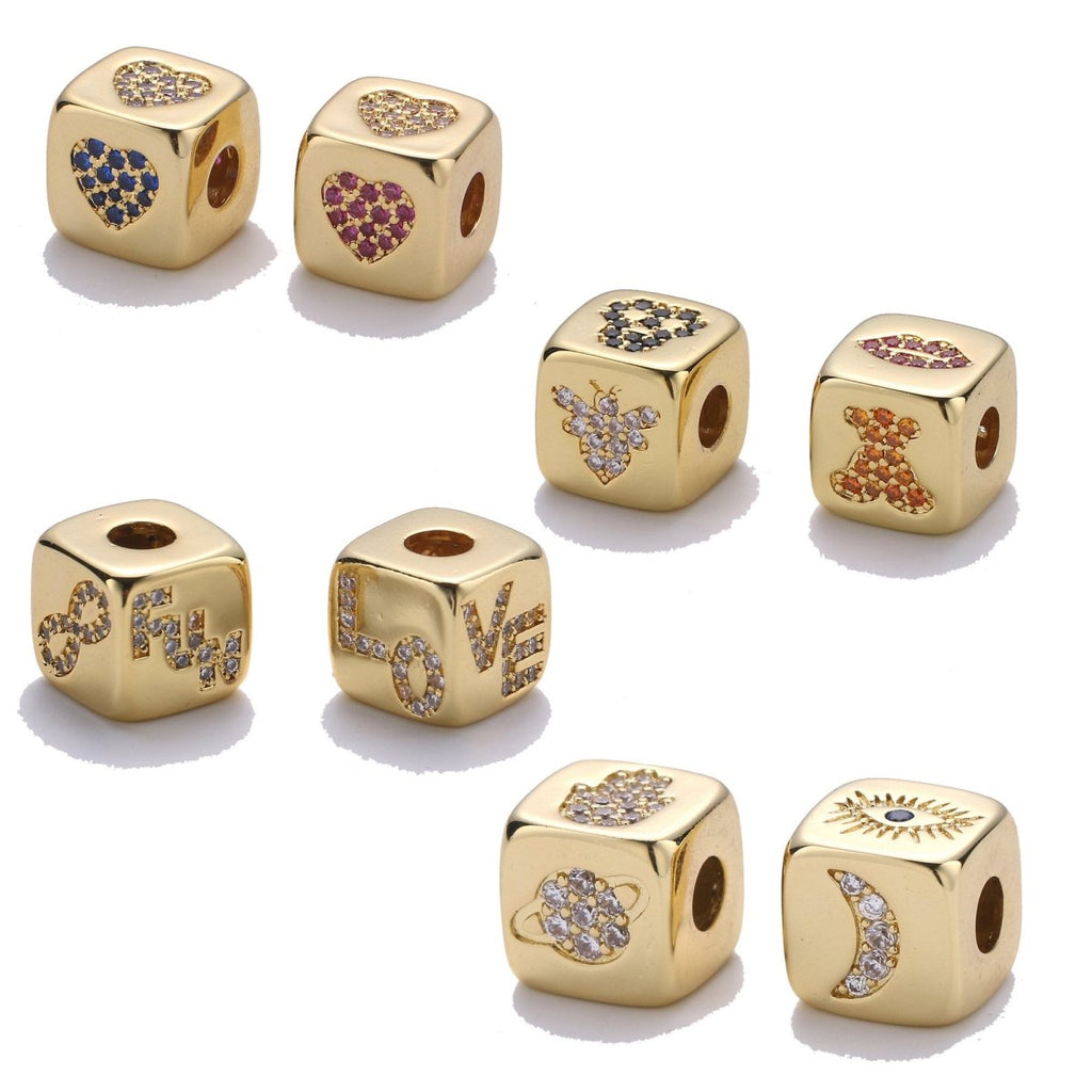 9x9mm CZ Gold plated Beads, Evil Eye Beads, Heart Beads, Love Beads, Animal Blocks Micro Pave Block Charm for Bracelet Necklace Supply K-438 K-439 K-441 - DLUXCA