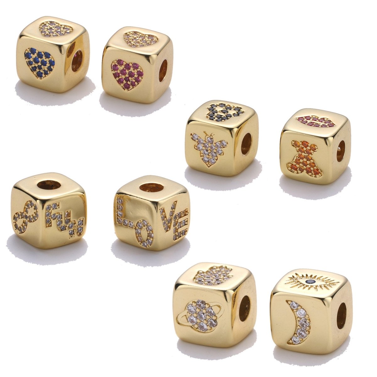 9x9mm CZ Gold plated Beads, Evil Eye Beads, Heart Beads, Love Beads, Animal Blocks Micro Pave Block Charm for Bracelet Necklace Supply K-438 K-439 K-441 - DLUXCA