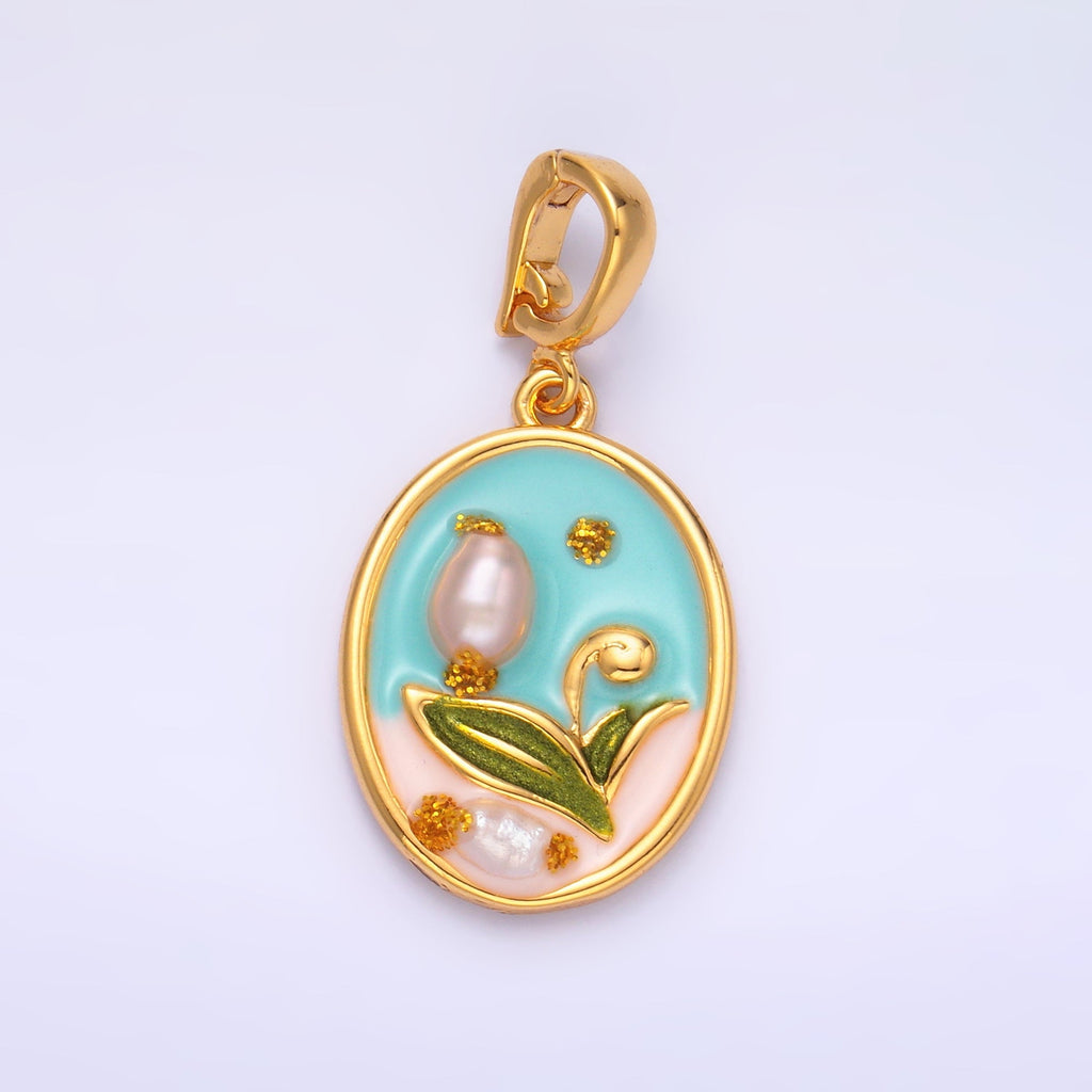 24K Gold plated Blue Tulip Flower With Pearl Snap Bail Pendant | AA1468