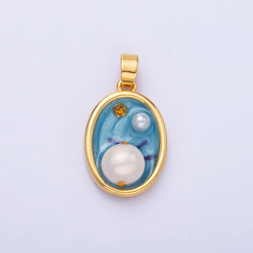 24K Gold plated Enamel Blue Ocean Pearl Pendant | AA-1471