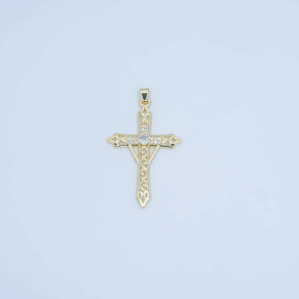24K Gold plated Clear CZ Micro Paved Geometric Filigree Cross Pendant | AA1505