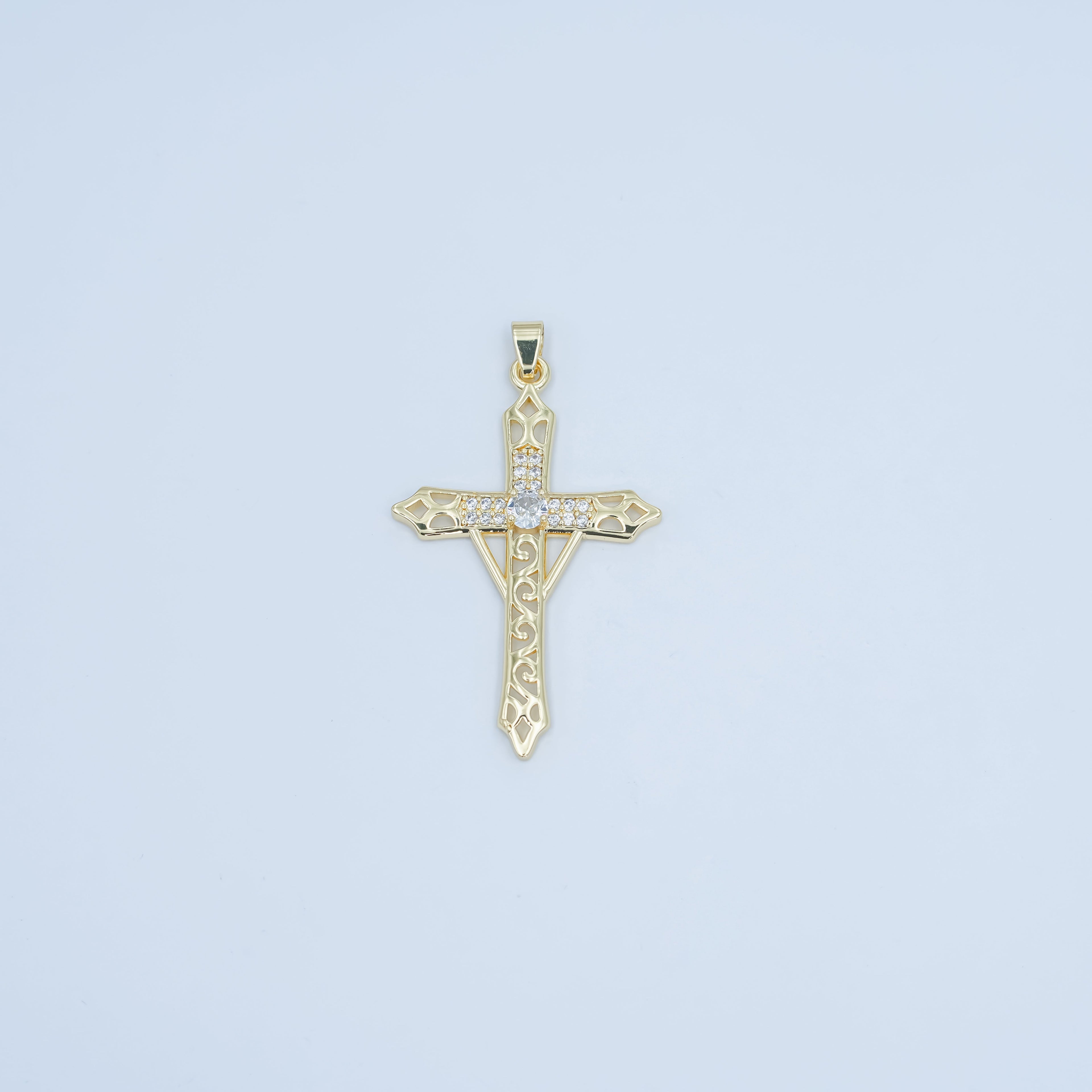 24K Gold plated Clear CZ Micro Paved Geometric Filigree Cross Pendant | AA1505