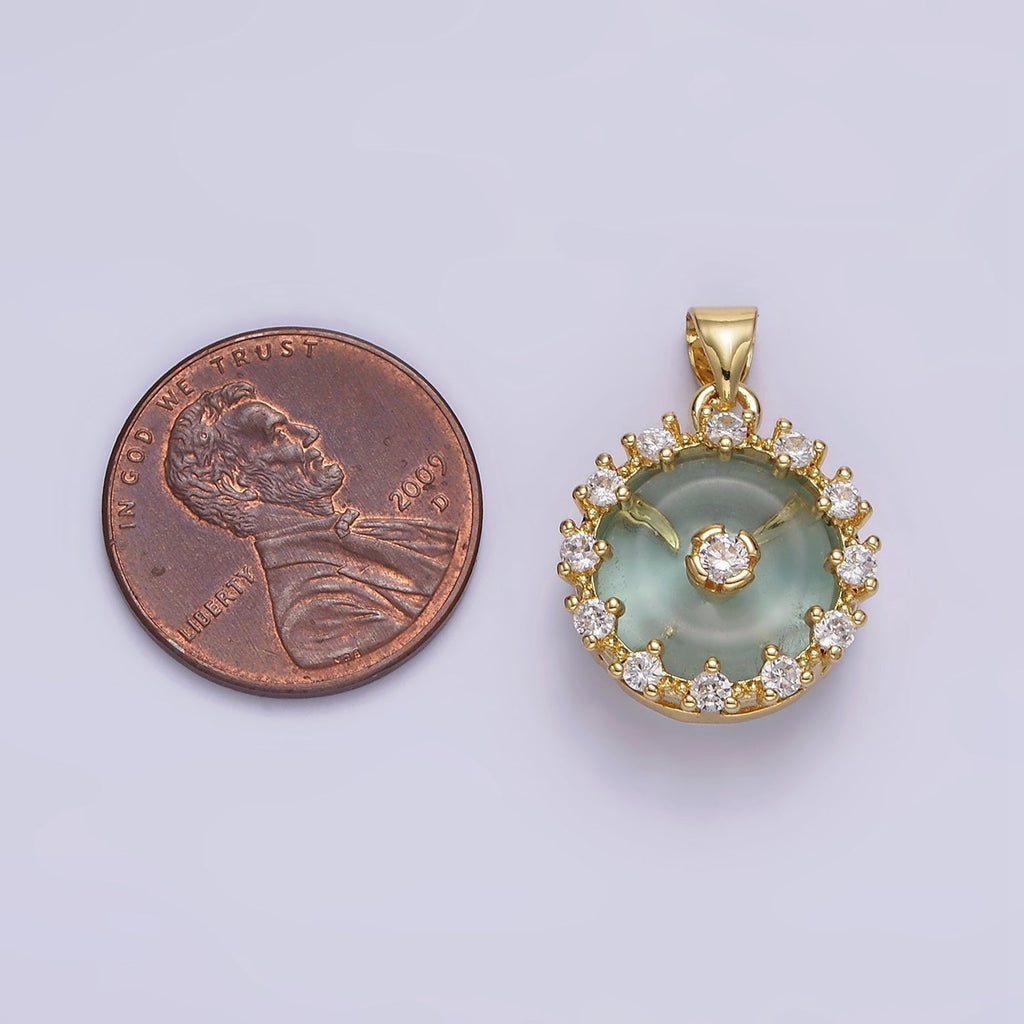 14K Gold plated Natural Gemstone Fluorite Donut Clear CZ Round Outline Pendant | AA606 - DLUXCA