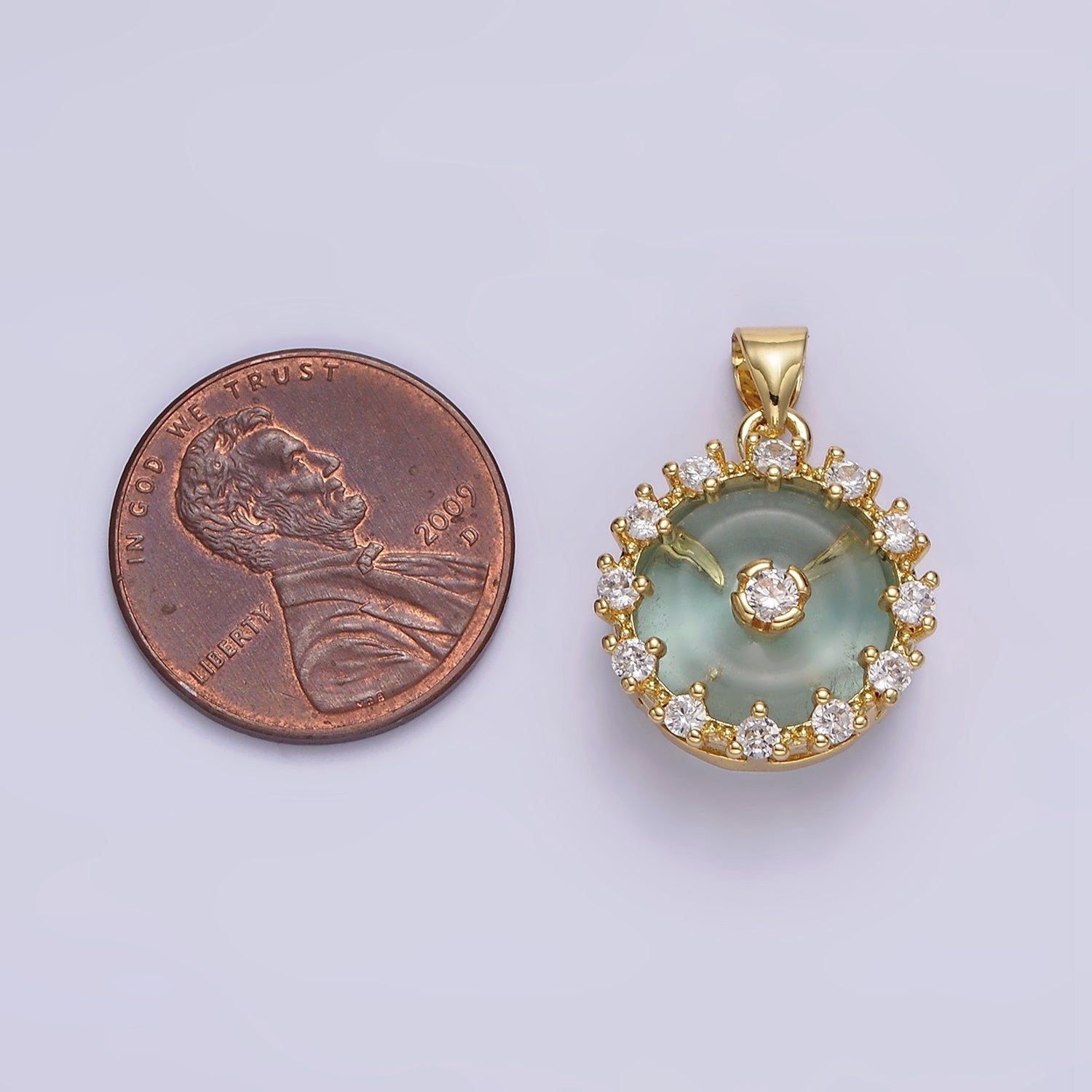 14K Gold plated Natural Gemstone Fluorite Donut Clear CZ Round Outline Pendant | AA606 - DLUXCA