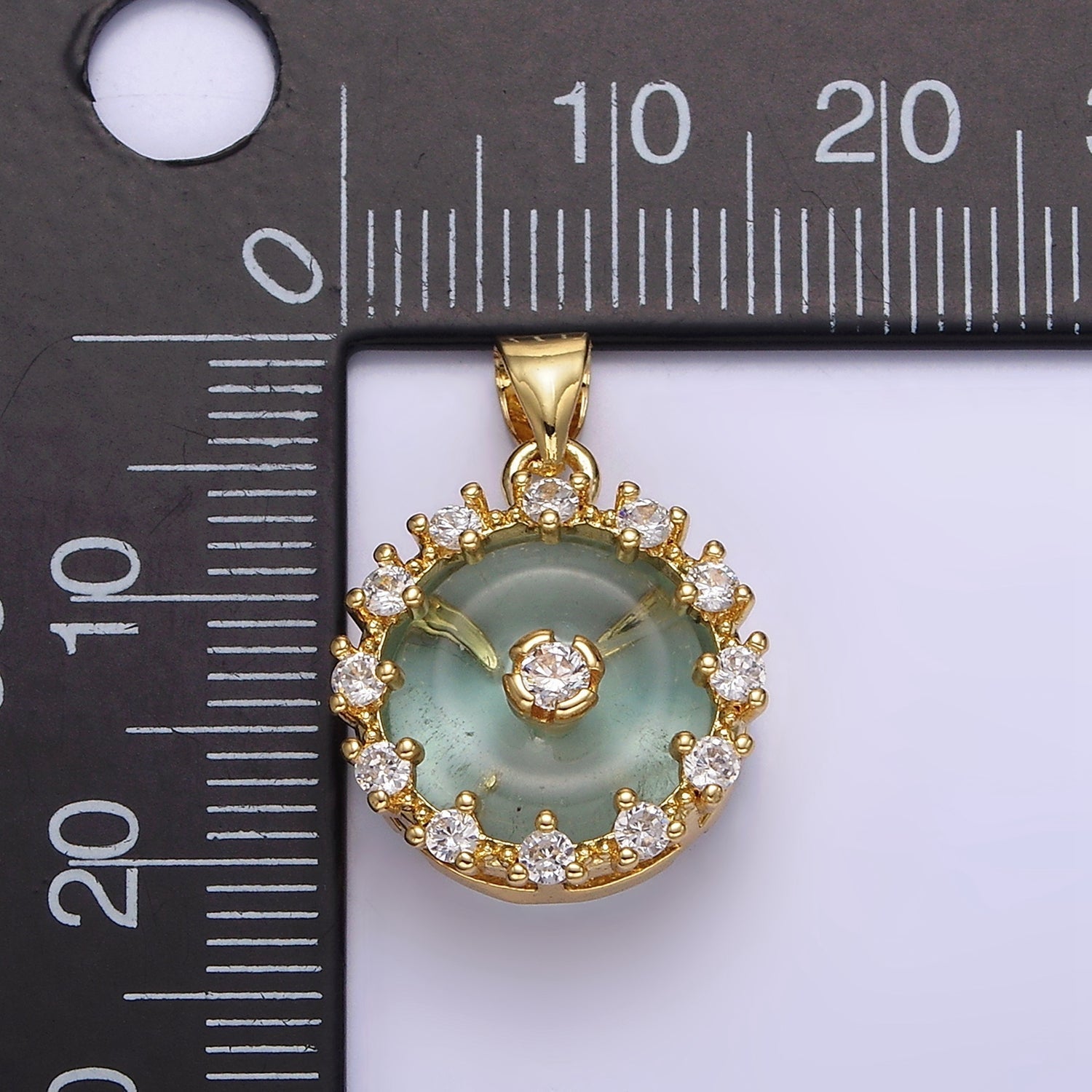 14K Gold plated Natural Gemstone Fluorite Donut Clear CZ Round Outline Pendant | AA606 - DLUXCA