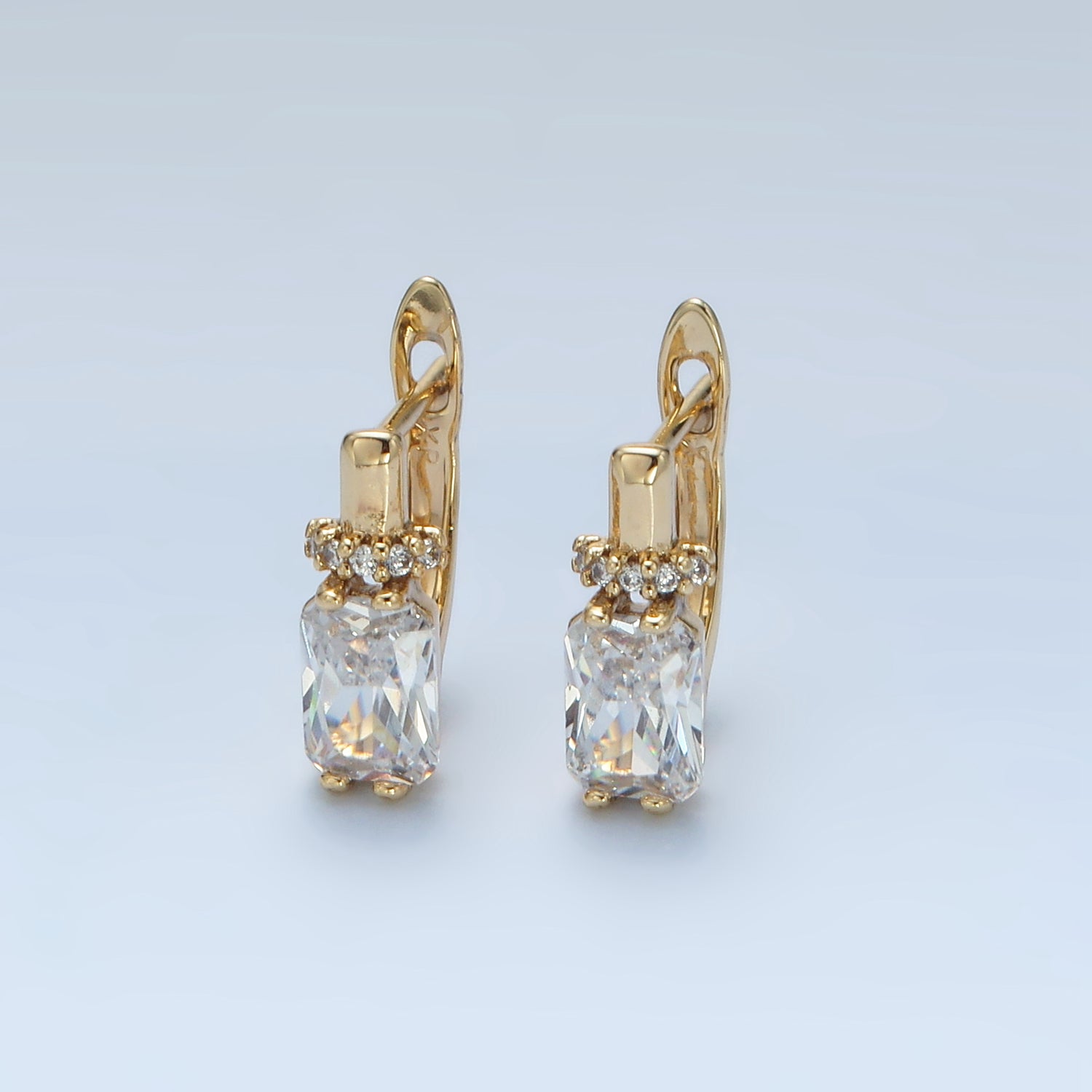 14K Gold plated Baguette CZ Micro Paved English Lock Hoop Earrings in Gold & Silver | AB1243 AB1244
